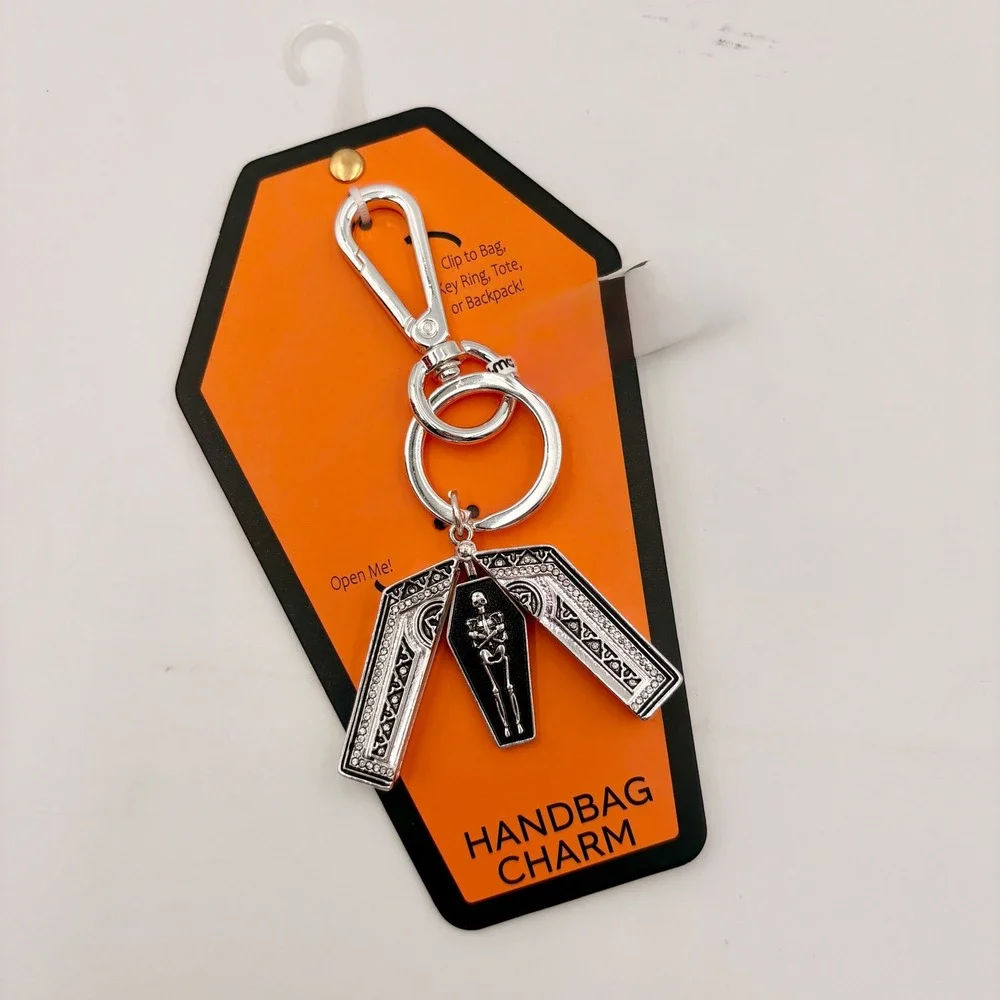 Skeleton Coffin Handbag Charm Keychain Silver Tone Gothic Bag Halloween